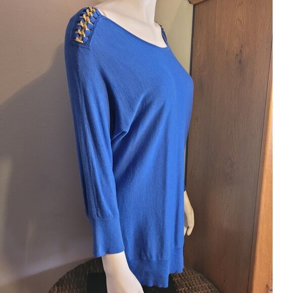 Michael Michael Kors Blue Oversized Sweater Medium Gold Chain Shoulder Logo Knit - Picture 10 of 12